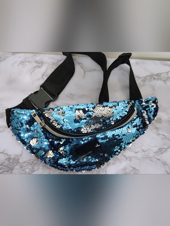 None Handbags - Blue Sequin Mini Belt Bag - Sparkling Crossbody Pouch Fanny Pack
